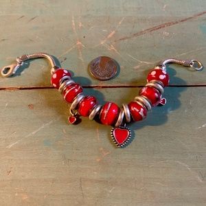 Hearts - Enameled Red Heart Drop Charm Bracelet -  Red Bead Bracelet